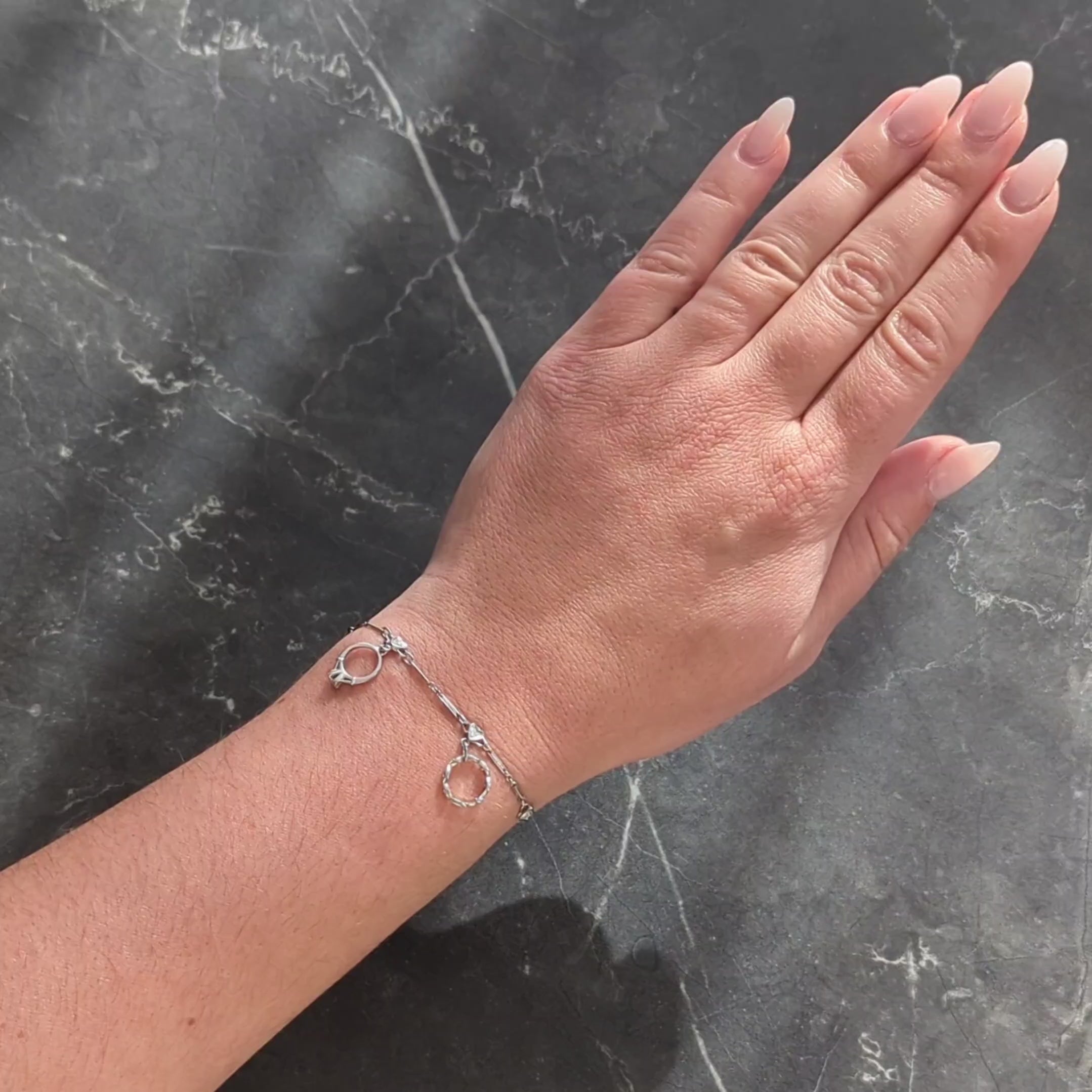 Art Deco Diamond Platinum 14K Gold Heart Wedding Engagement Charm Bracelet