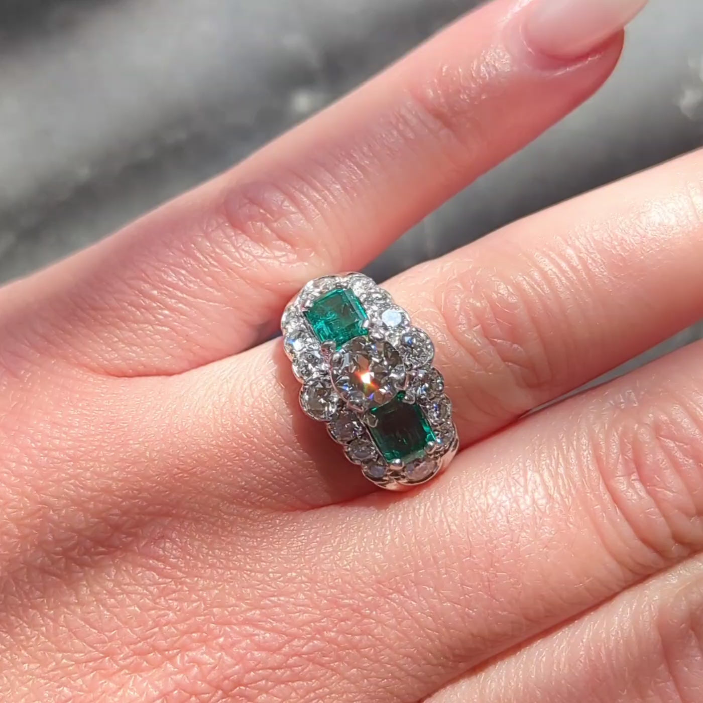 Mid-Century 4.13 CTW Diamond Emerald Platinum Vintage Cluster Ring