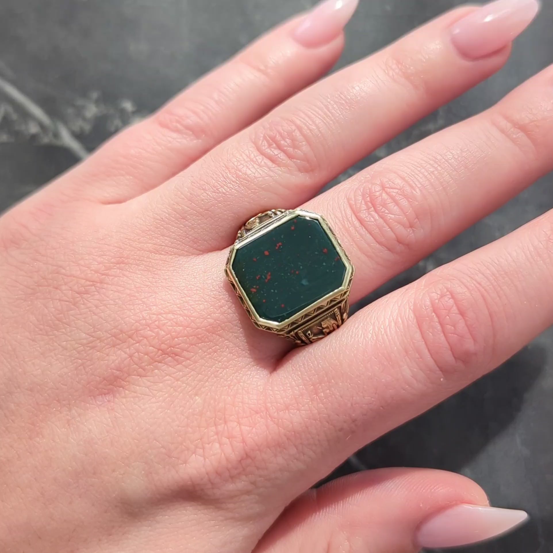 Larter & Sons Victorian Bloodstone 14K Gold Antique Egyptian Revival Signet Ring