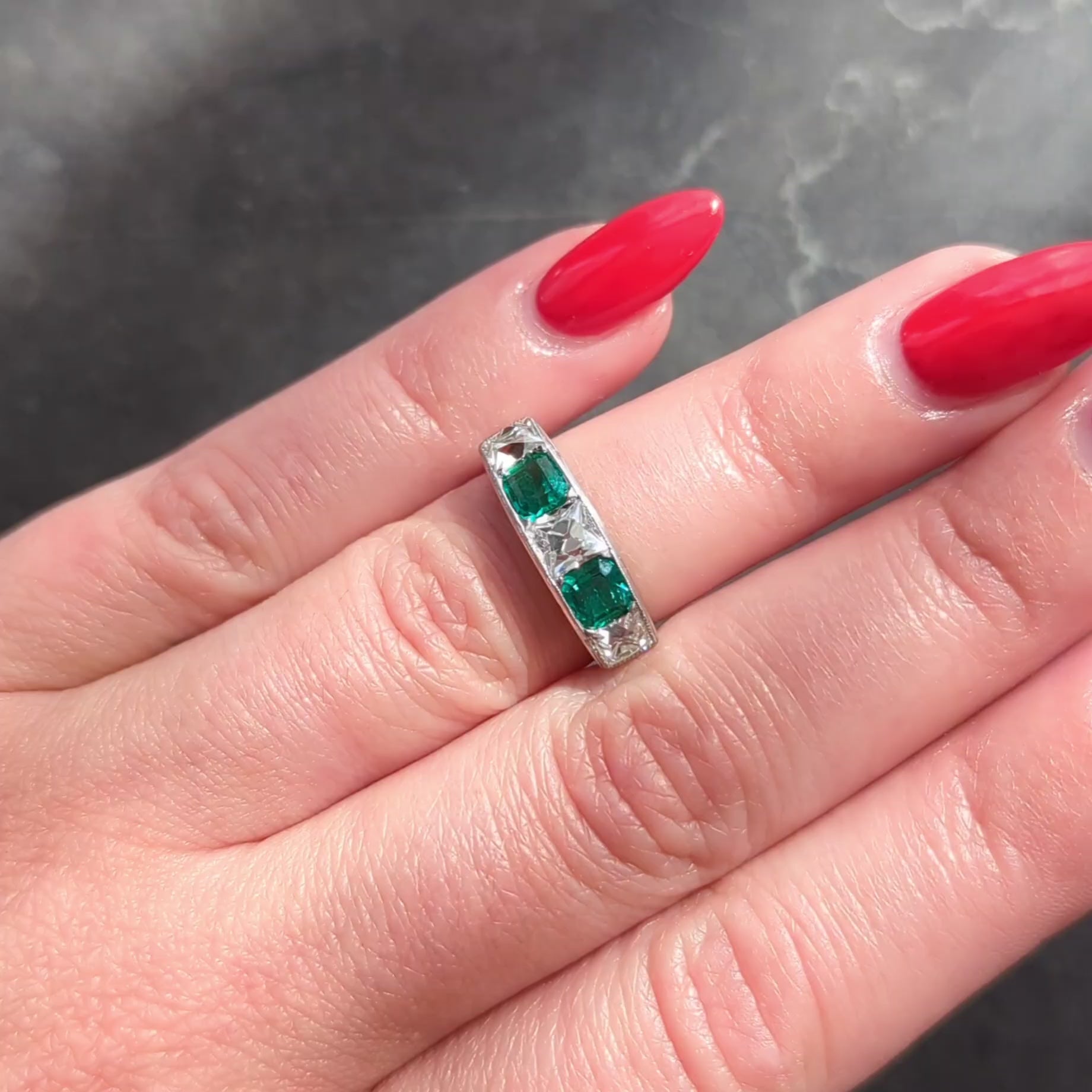 Tiffany & Co. Art Deco French Cut Diamond Emerald Platinum Vintage Band Ring