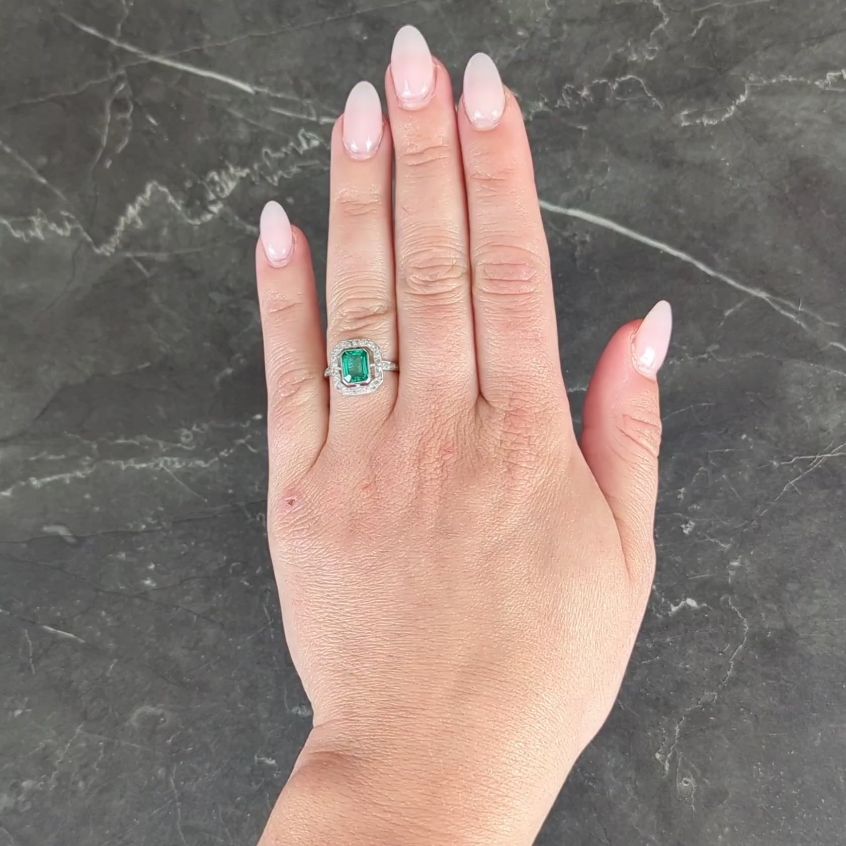 Art Deco 1.67 CTW Colombian Emerald Diamond Platinum 18K Gold Antique Halo Ring