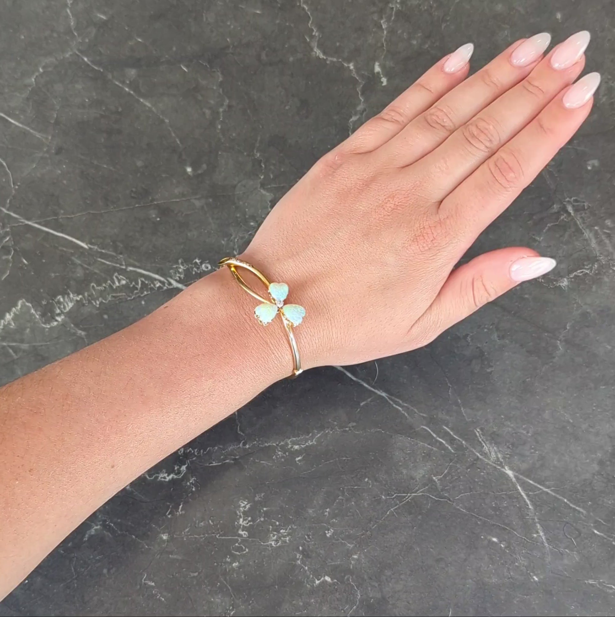 Victorian Opal Diamond 14 Karat Gold Antique Bypass Clover Bangle Bracelet
