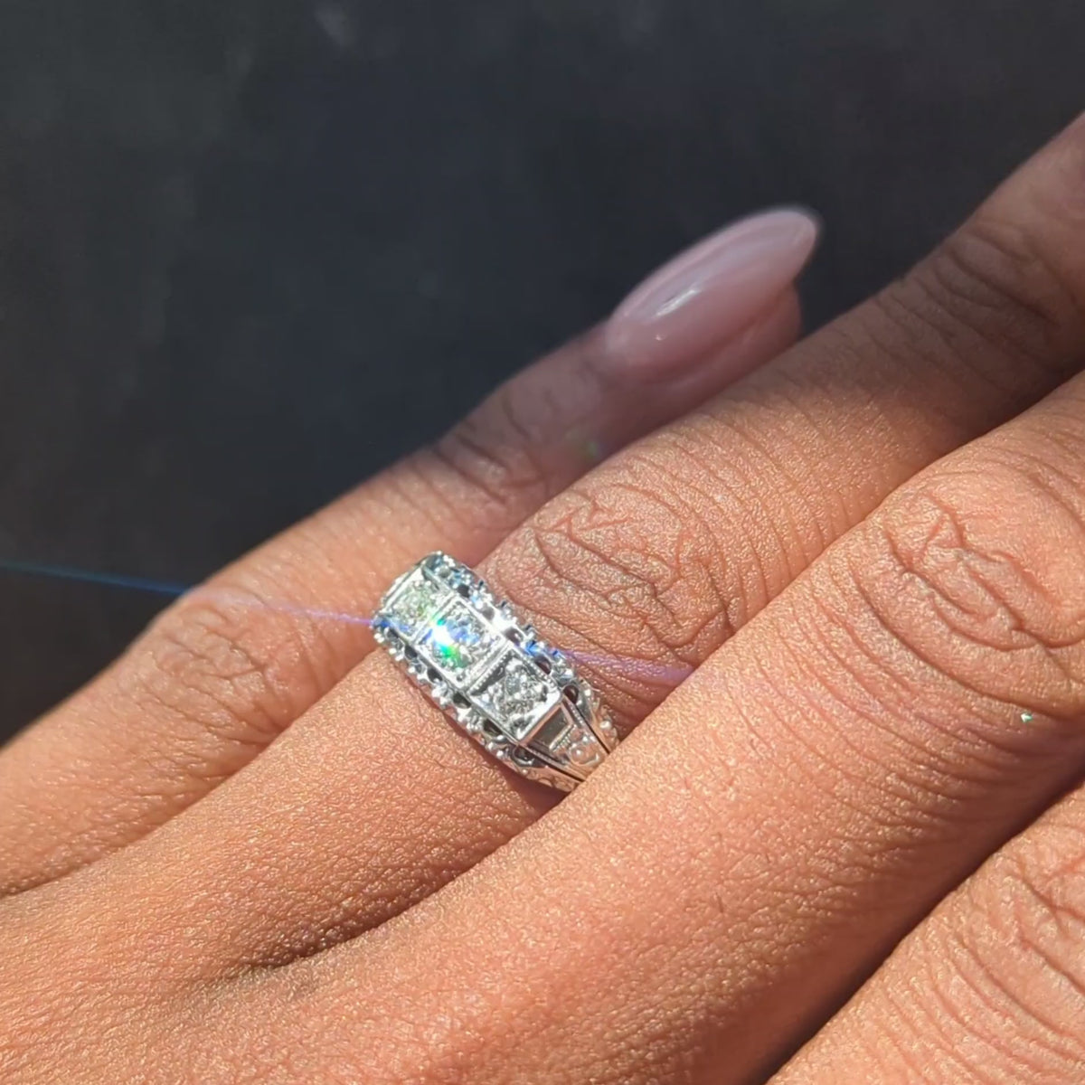 Jabel Mid-Century Diamond 18 Karat White Gold Vintage Fishtail Bombé Ring