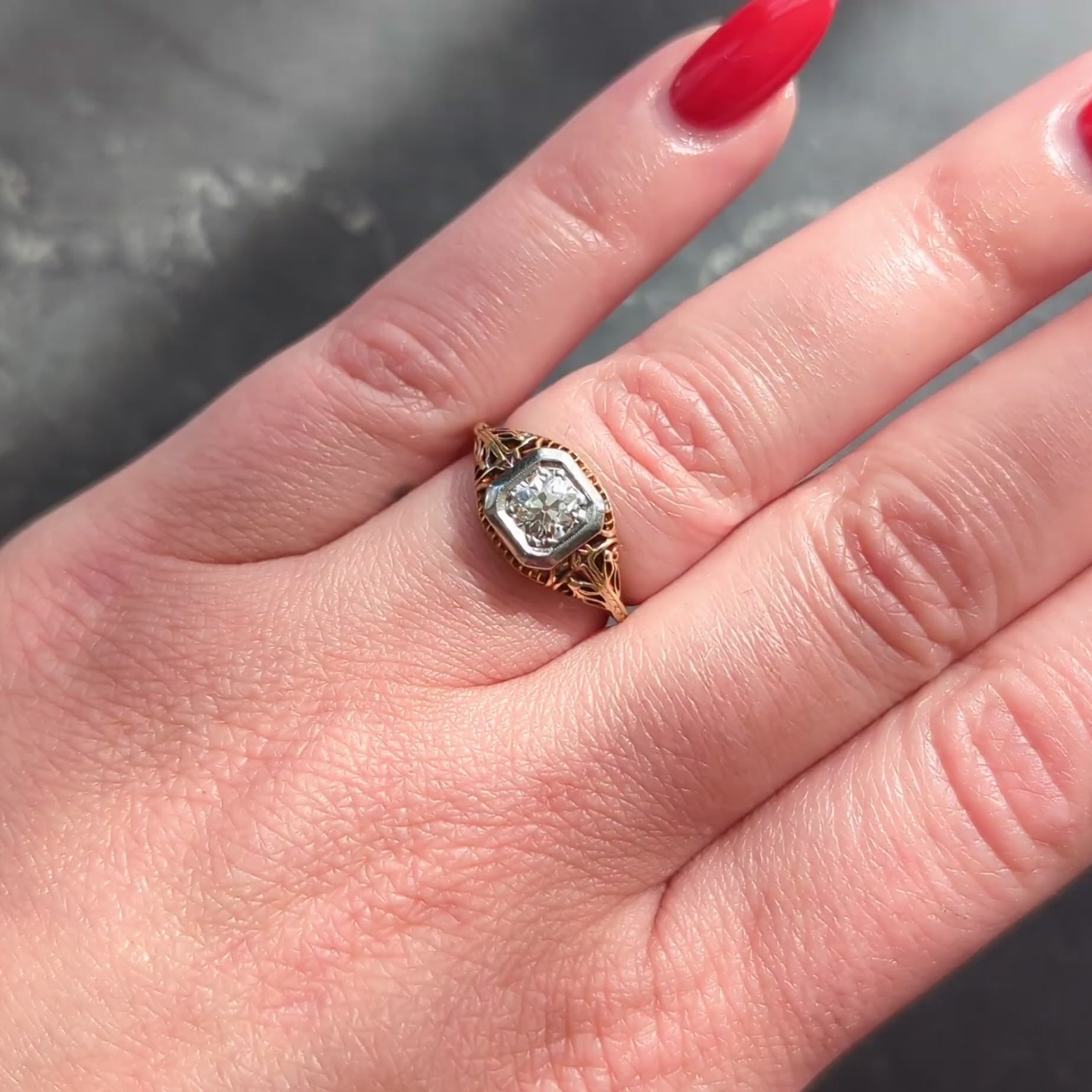Edwardian Old European Cut Diamond 14 Karat Gold Foliate Engagement Ring