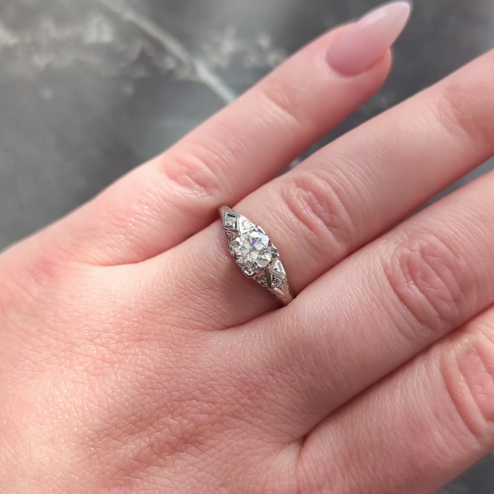 Art Deco 0.88 CTW European Diamond 18K White Gold Vintage Scroll Engagement Ring