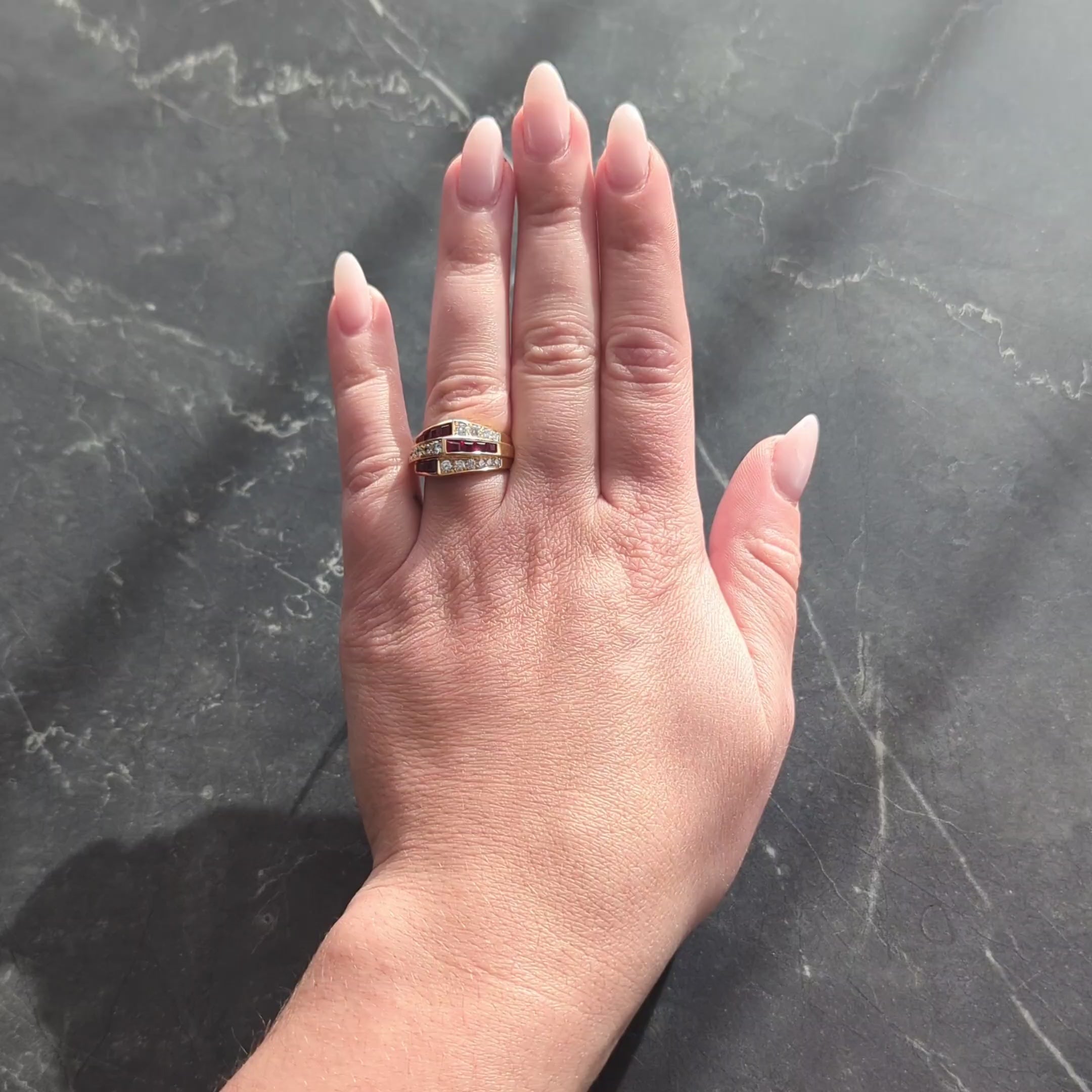 Oscar Heyman 1980's Ruby Diamond 18 Karat Yellow Gold Vintage Channel Band Ring