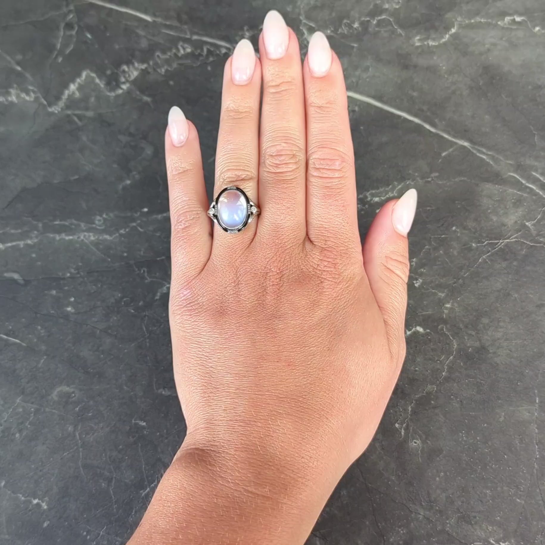 Art Deco Moonstone Diamond Enamel 18 Karat White Gold Vintage Cocktail Ring