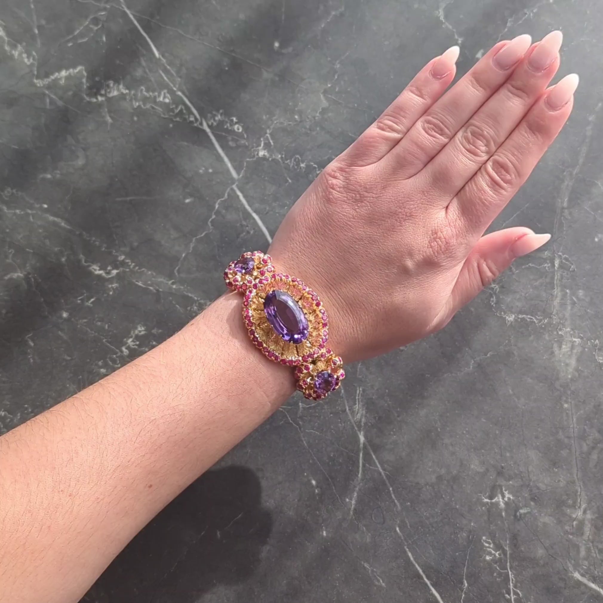 Buccellati 1960 36.79 CTW Amethyst Ruby 18K Gold Vintage Floral Bangle Bracelet