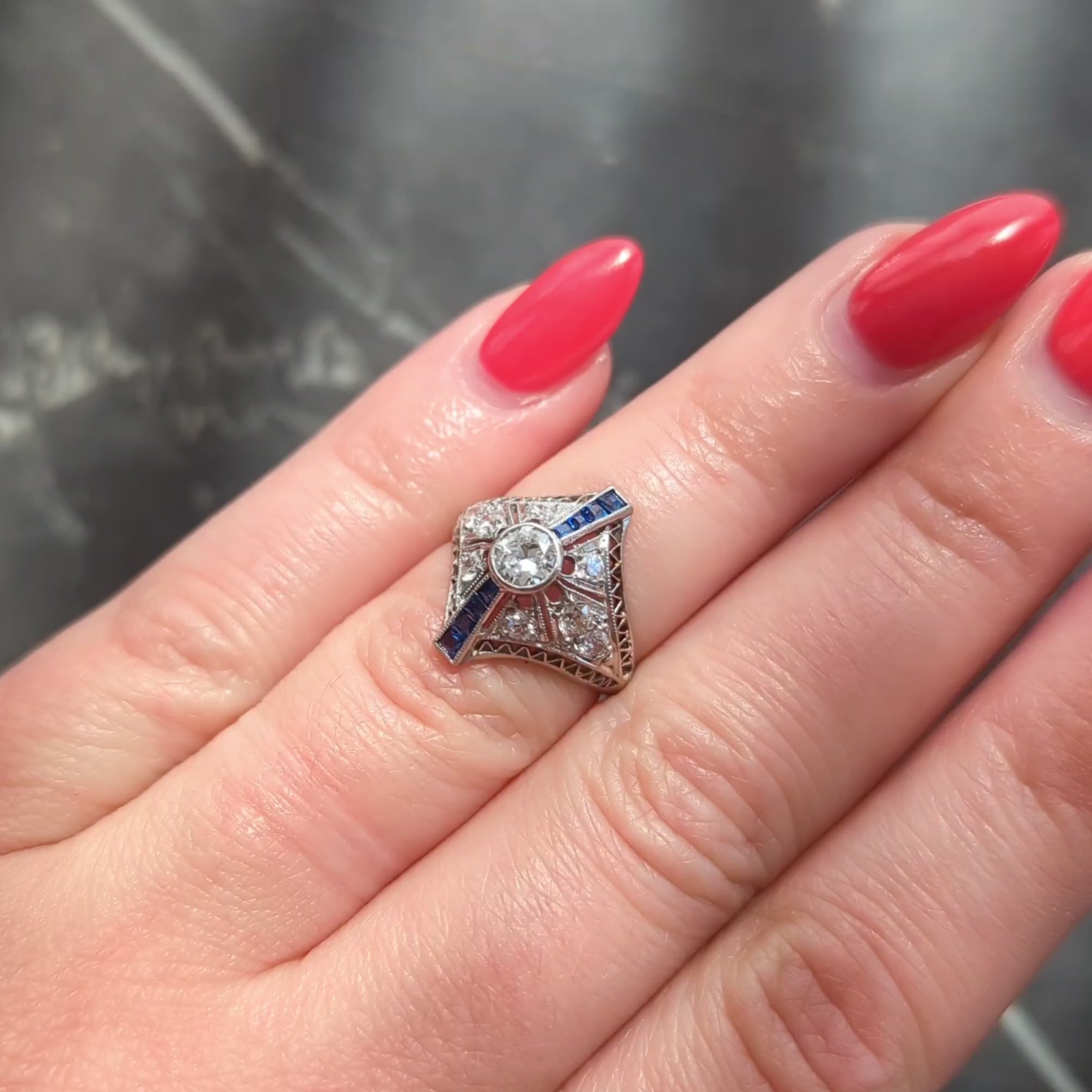 Art Deco Sapphire Diamond Platinum Vintage Zig-Zag Navette Dinner Ring