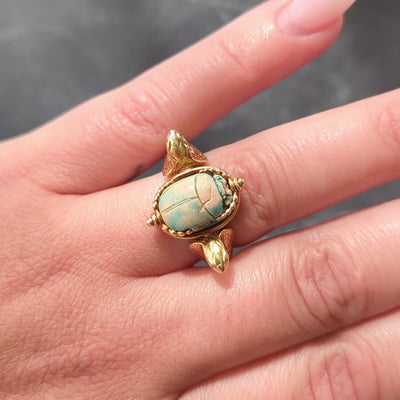 Early Art Deco Egyptian Revival Hardstone Enamel 18K Antique Scarab Snake Ring