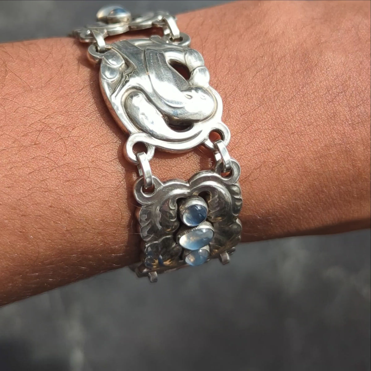 Georg Jensen Moonstone Sterling Silver Vintage Dove Link Bracelet No. 14