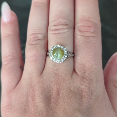 Late Art Deco 0.42 CTW Diamond Cat's Eye Chrysoberyl Platinum Vintage Halo Ring