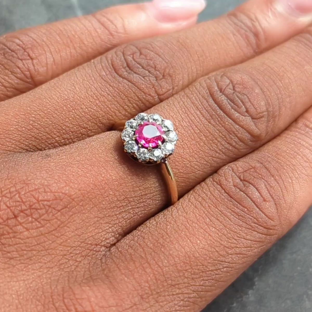 Victorian 1.25 CTW Pink Sapphire Diamond 14 Karat Yellow Gold Antique Halo Ring