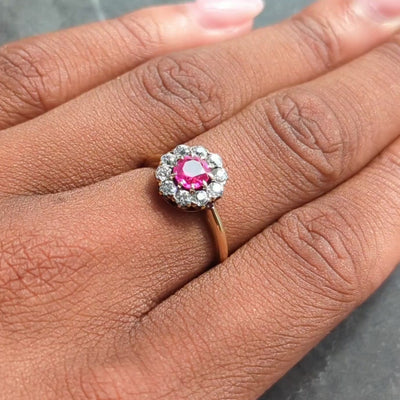 Victorian 1.25 CTW Pink Sapphire Diamond 14 Karat Yellow Gold Antique Halo Ring