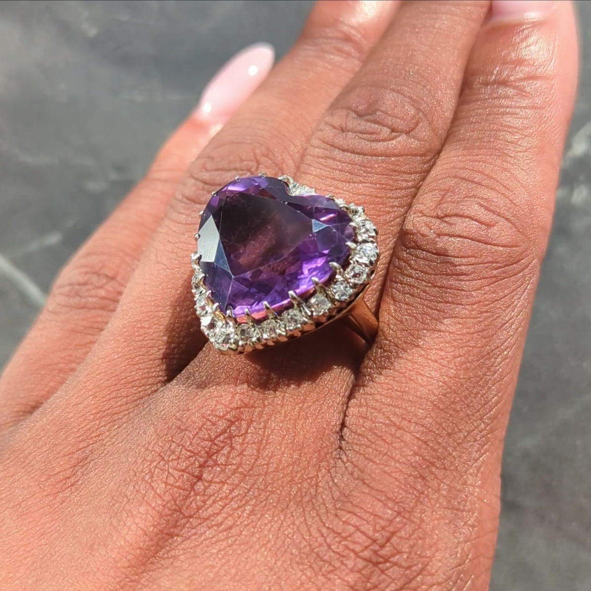 Retro Amethyst Diamond 14 Karat Two-Tone Gold Vintage Heart Halo Ring
