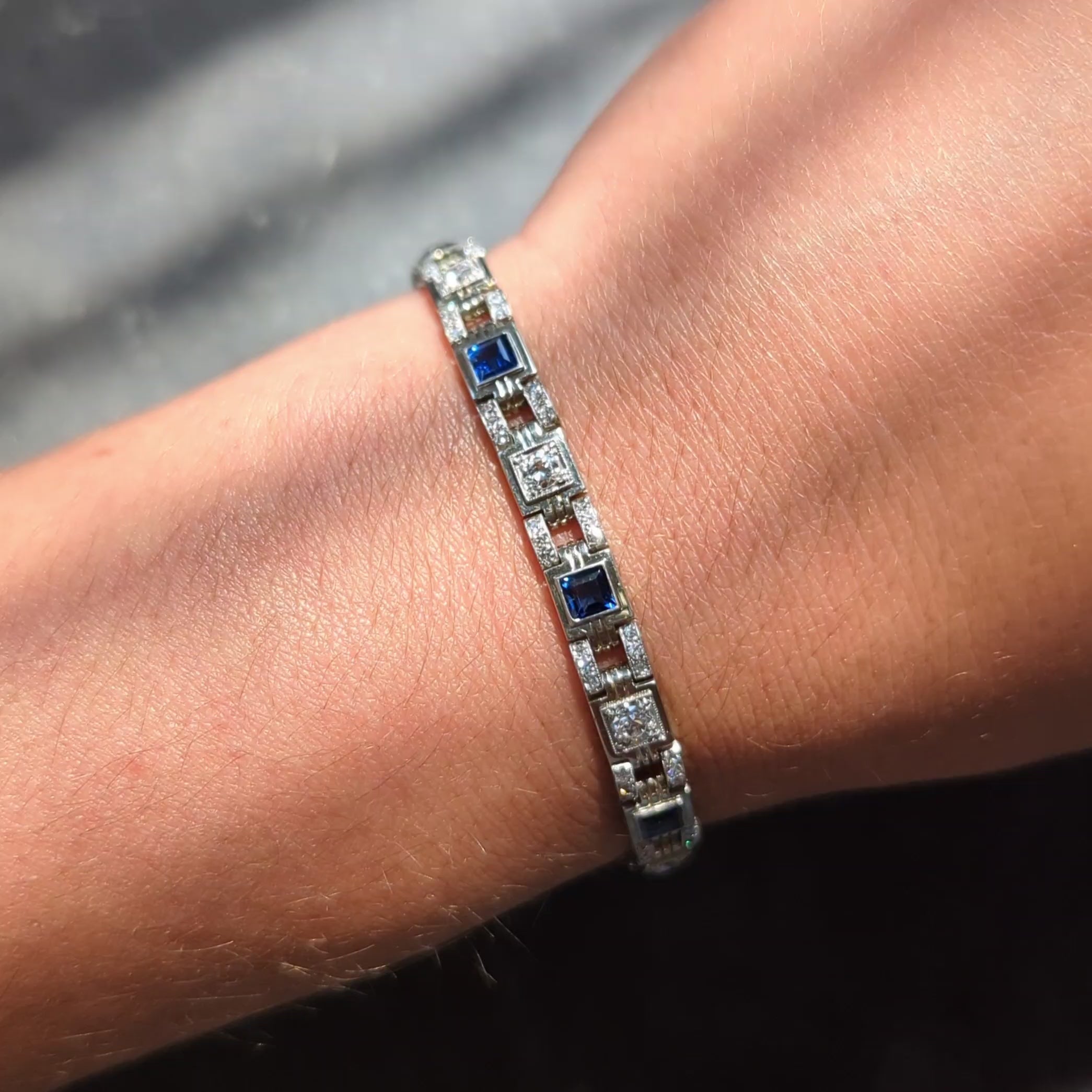 Art Deco 5.84 CTW Diamond Sapphire 18 Karat White Gold Vintage Line Bracelet