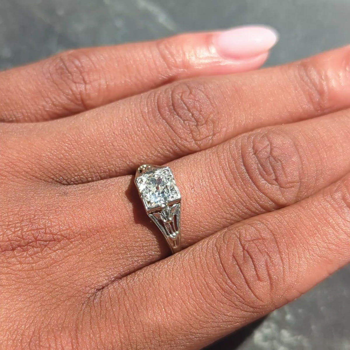 Art Deco Old Mine Diamond 18 Karat White Gold Antique Lotus Engagement Ring GIA