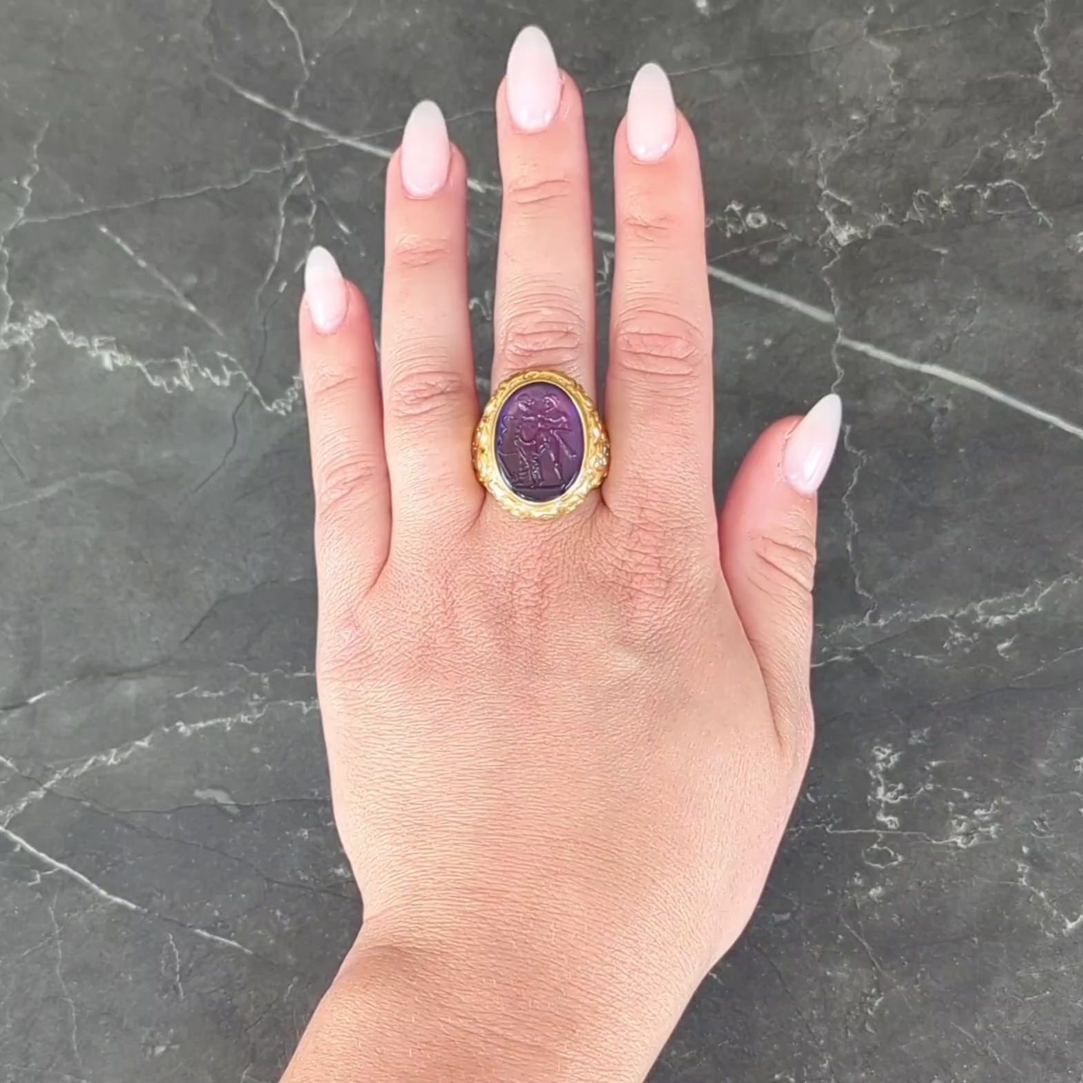 Victorian Amethyst Diamond 14K Gold Antique Greek Unisex Intaglio Signet Ring