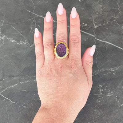 Victorian Amethyst Diamond 14K Gold Antique Greek Unisex Intaglio Signet Ring