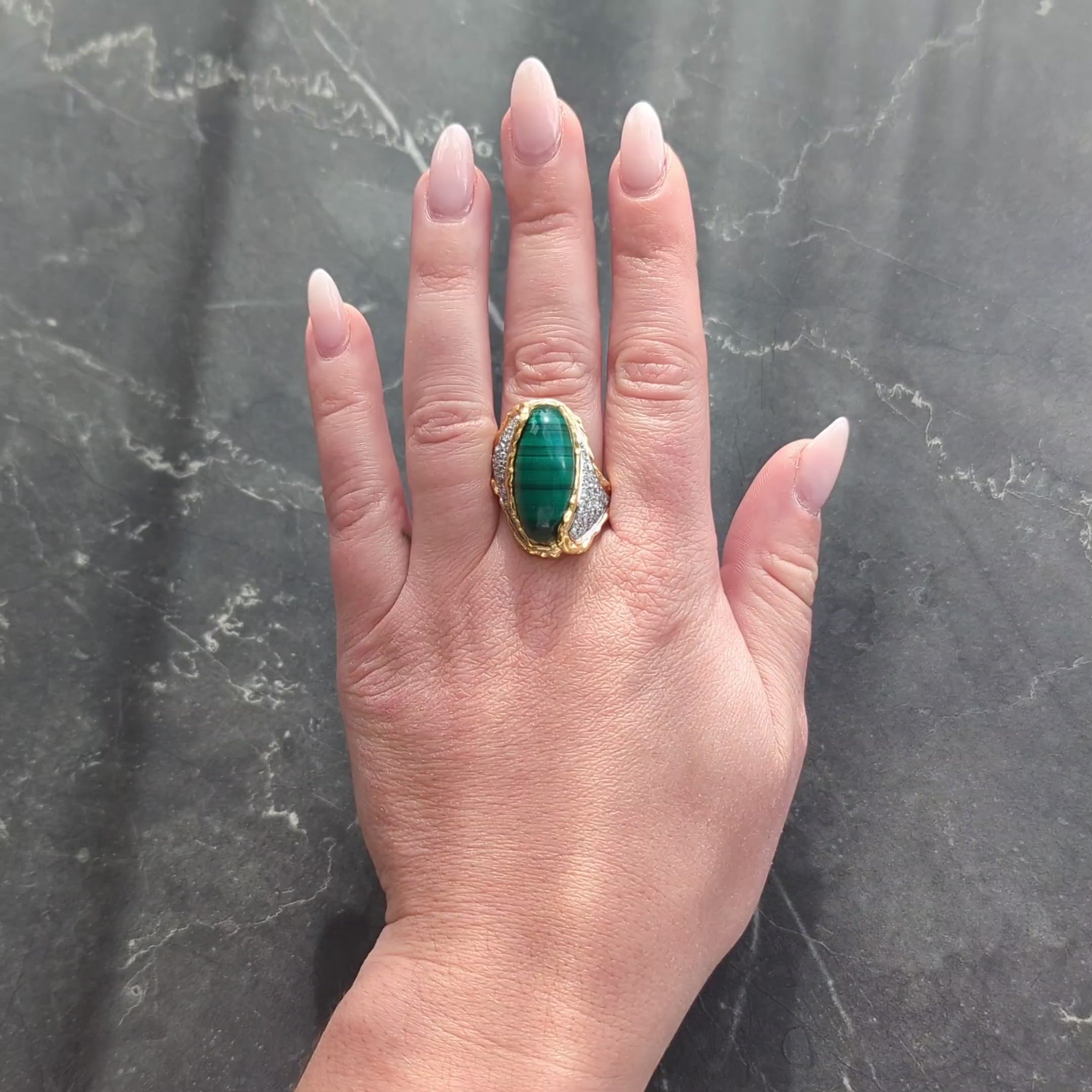 Chaumet French 1960's Malachite Diamond Platinum 18K Gold Vintage Brutalist Ring