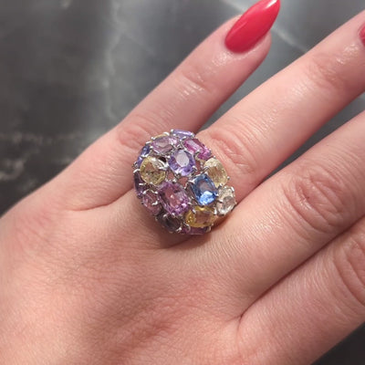 2000's 17.00 CTW Multi-Colored Sapphire 18 Karat White Gold Dome Cocktail Ring