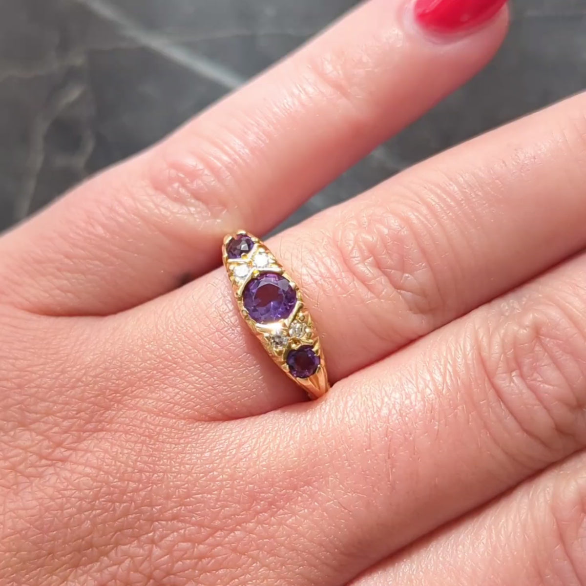 1960s Amethyst Diamond 18 Karat Yellow Gold Vintage Scrolling Ring