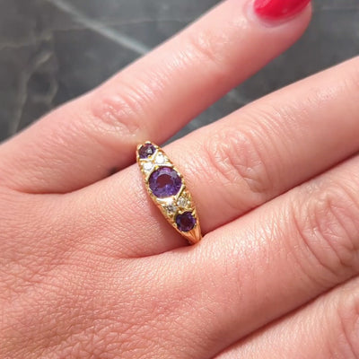 1960s Amethyst Diamond 18 Karat Yellow Gold Vintage Scrolling Ring
