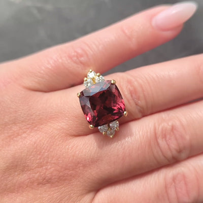 1980's Rubellite Tourmaline Diamond 18 Karat Yellow Gold Vintage Cocktail Ring