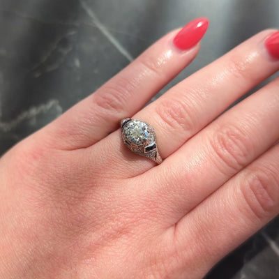 Art Deco 1.24 CTW Old European Diamond Sapphire Platinum Foliate Engagement Ring