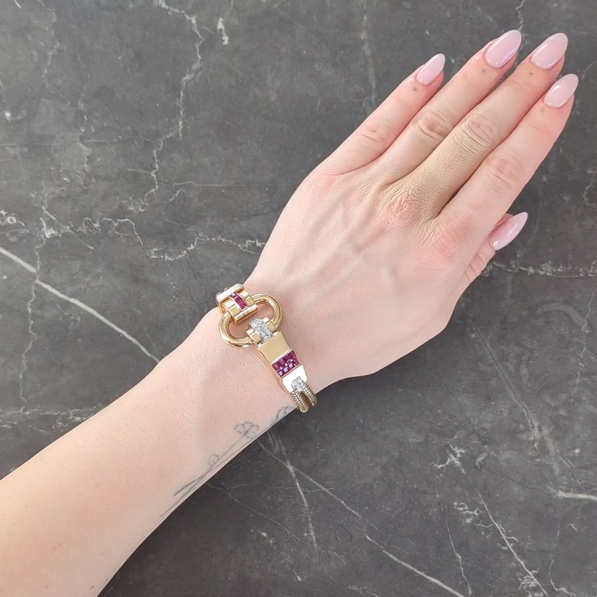 Tiffany & Co. Retro Diamond Ruby Platinum 14K Yellow Gold Buckle Bracelet