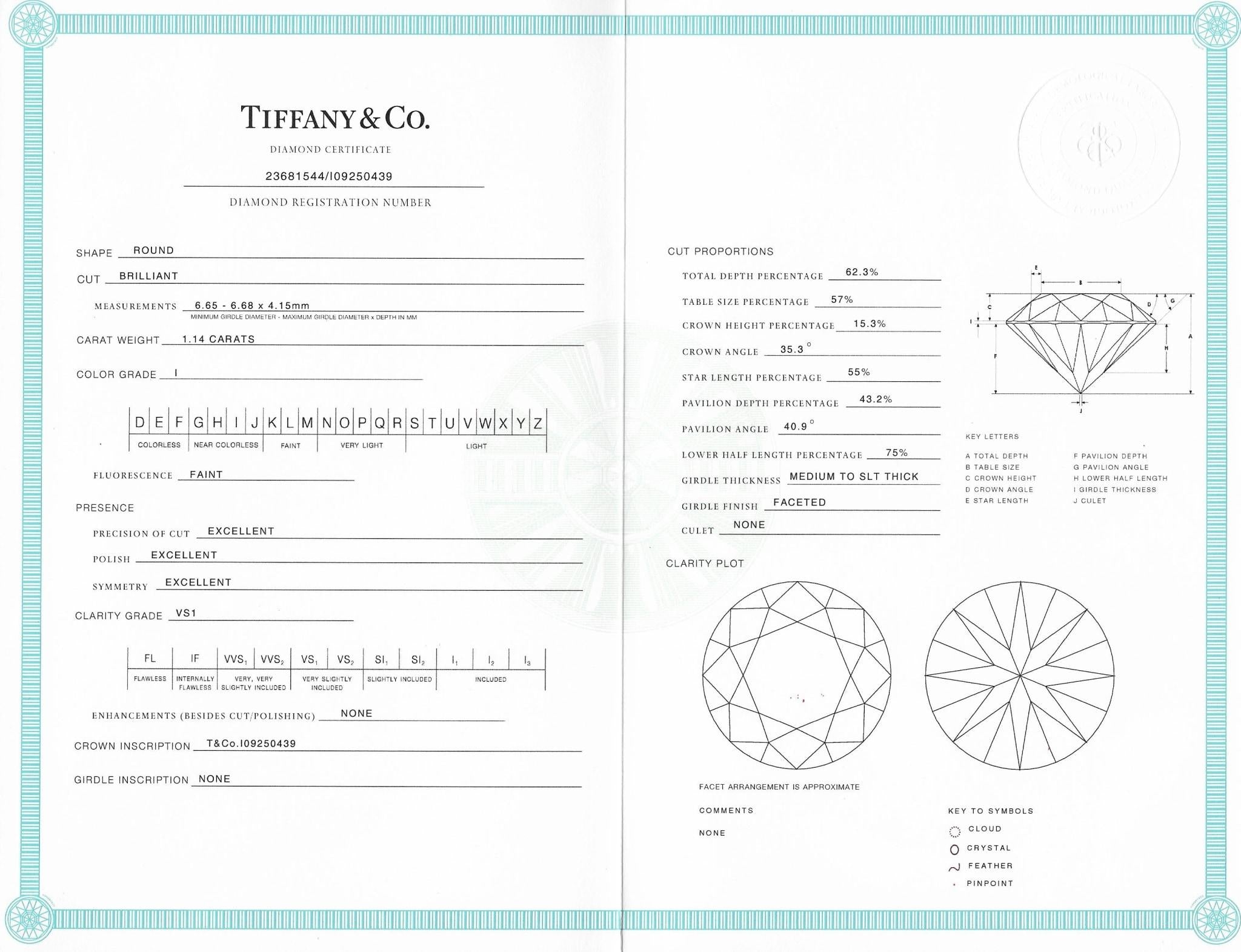 Tiffany & Co. Round Brilliant Cut Diamond Platinum Solitaire Engagement Ring GIA
