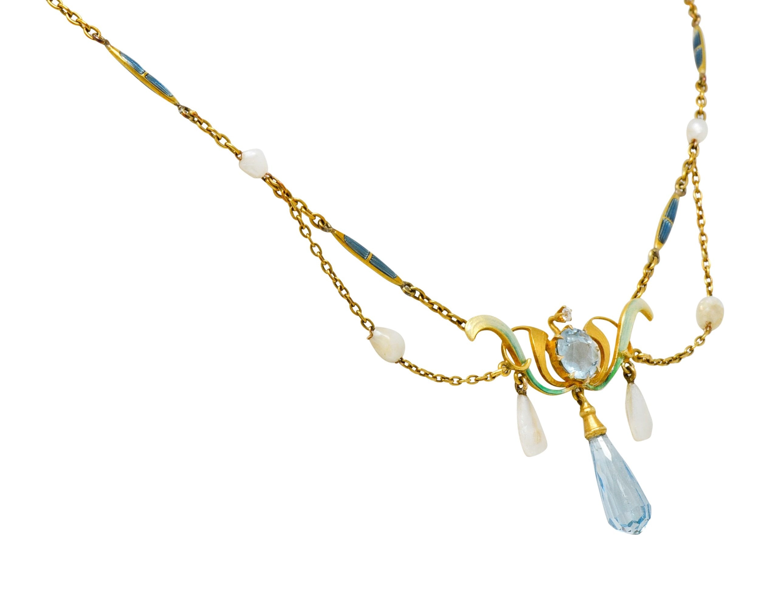 Art Nouveau Aquamarine Enamel Natural Pearl 14 Karat Gold Swag Necklace - Wilson's Estate Jewelry