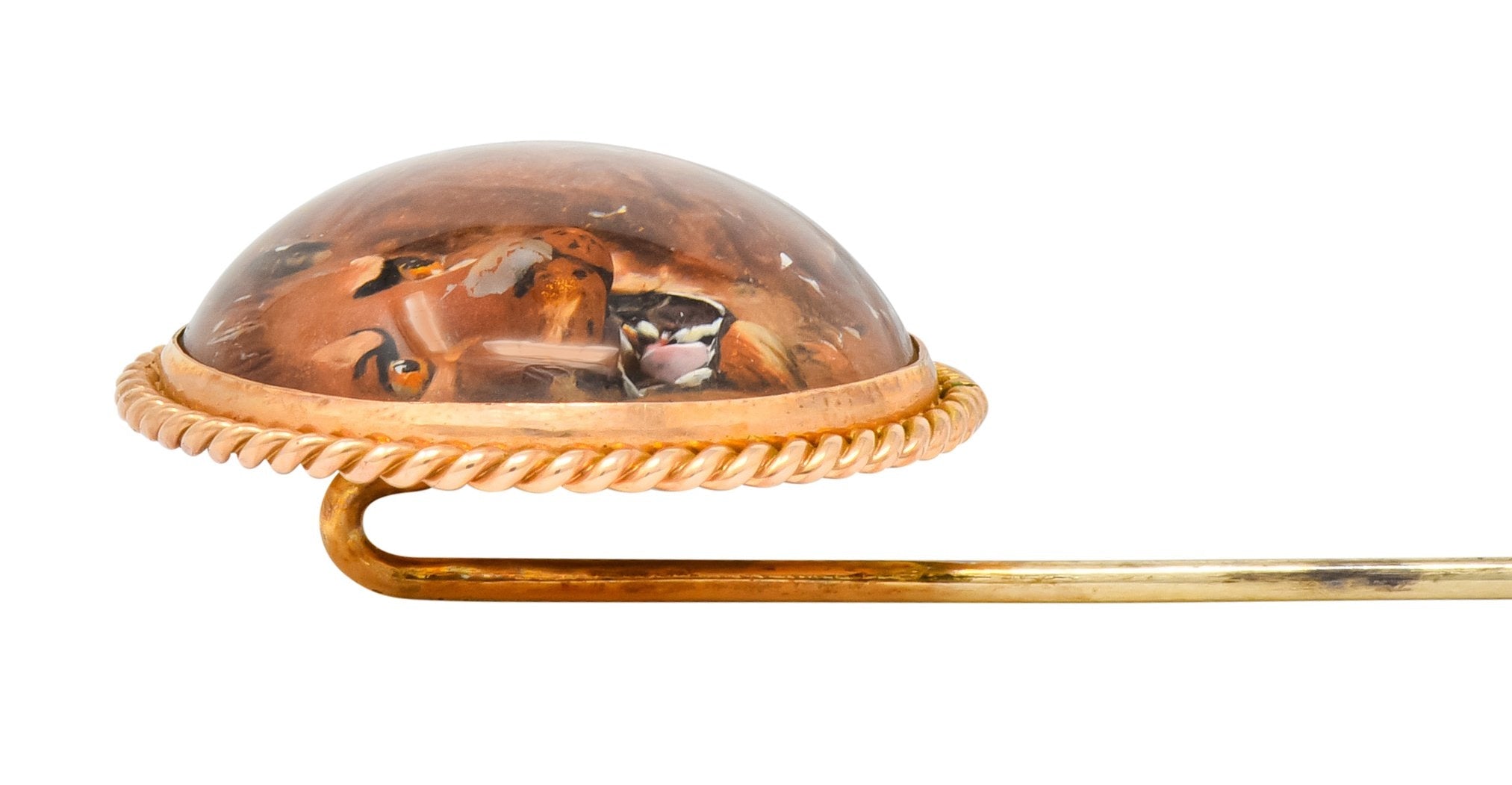 Late Victorian Painted Reverse Carved Rock Crystal 14 Karat Gold Lion Stickpin - Wilson's Estate Jewelry
