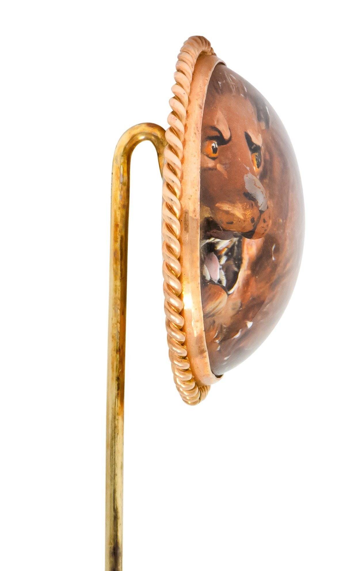 Late Victorian Painted Reverse Carved Rock Crystal 14 Karat Gold Lion Stickpin - Wilson's Estate Jewelry