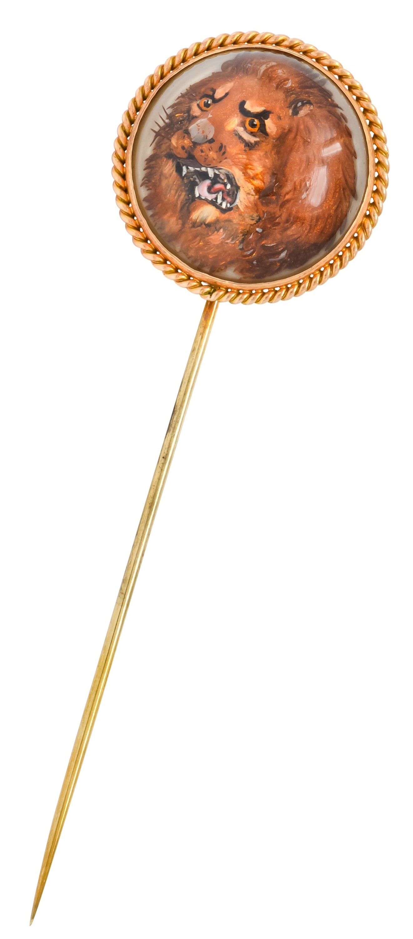 Late Victorian Painted Reverse Carved Rock Crystal 14 Karat Gold Lion Stickpin - Wilson's Estate Jewelry