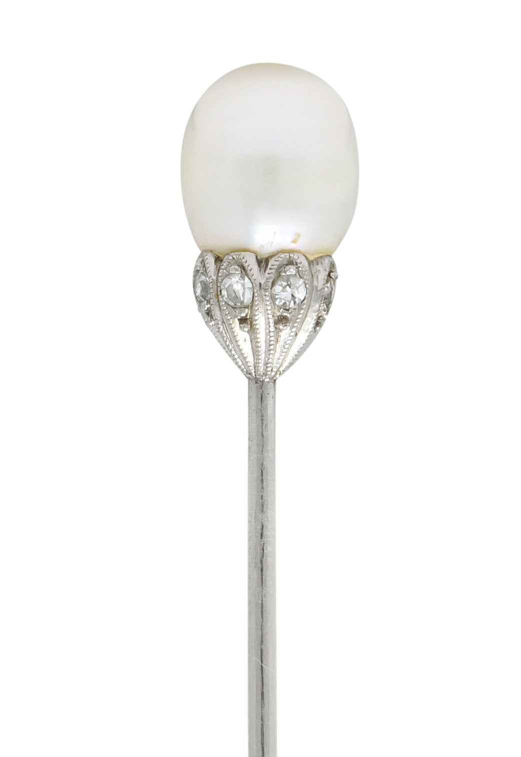 Edwardian Natural Freshwater Pearl Diamond Platinum Stickpin GIA - Wilson's Estate Jewelry