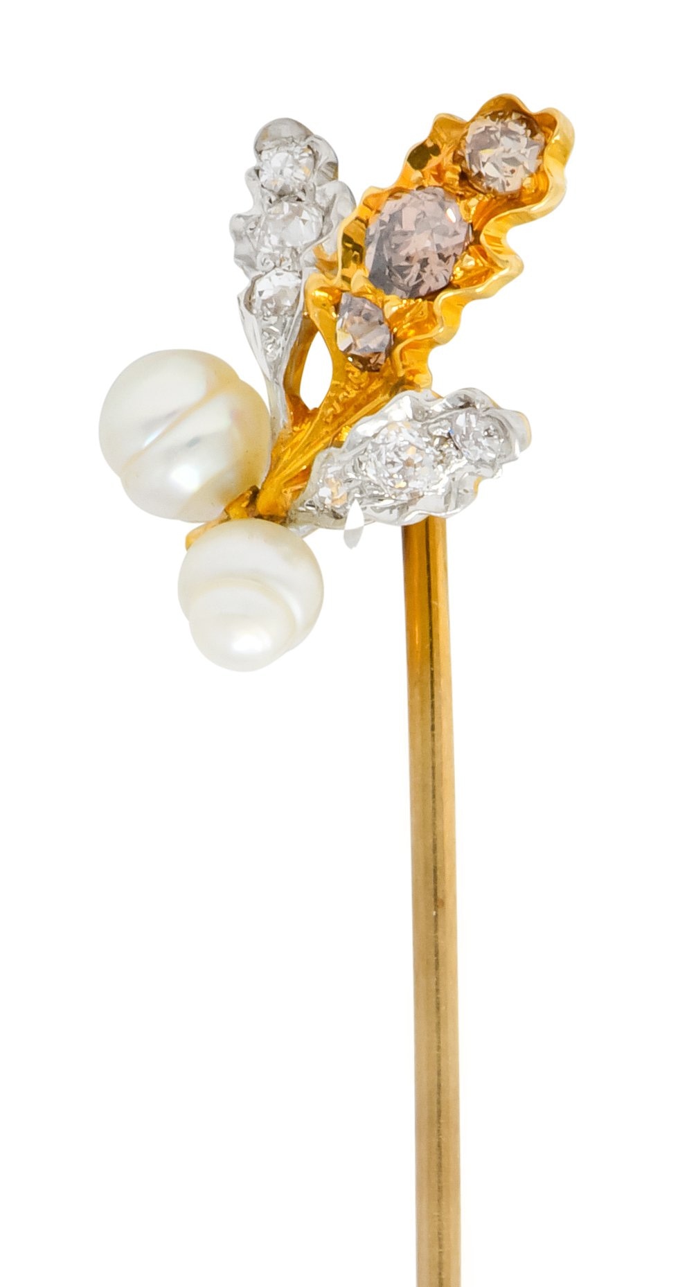 Edwardian Diamond Pearl Platinum-Topped 18 Karat Gold Foliate Stickpin - Wilson's Estate Jewelry