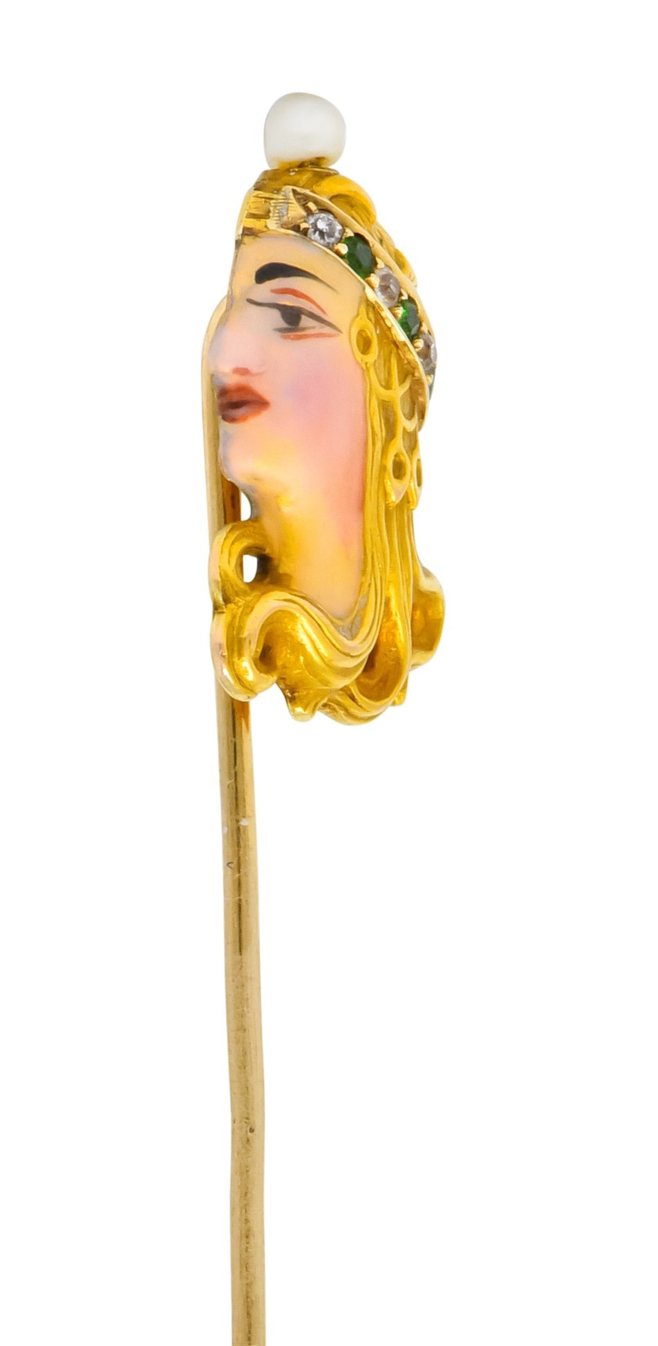 Art Nouveau Enamel Diamond Emerald Pearl 14 Karat Gold Queen Stickpin - Wilson's Estate Jewelry