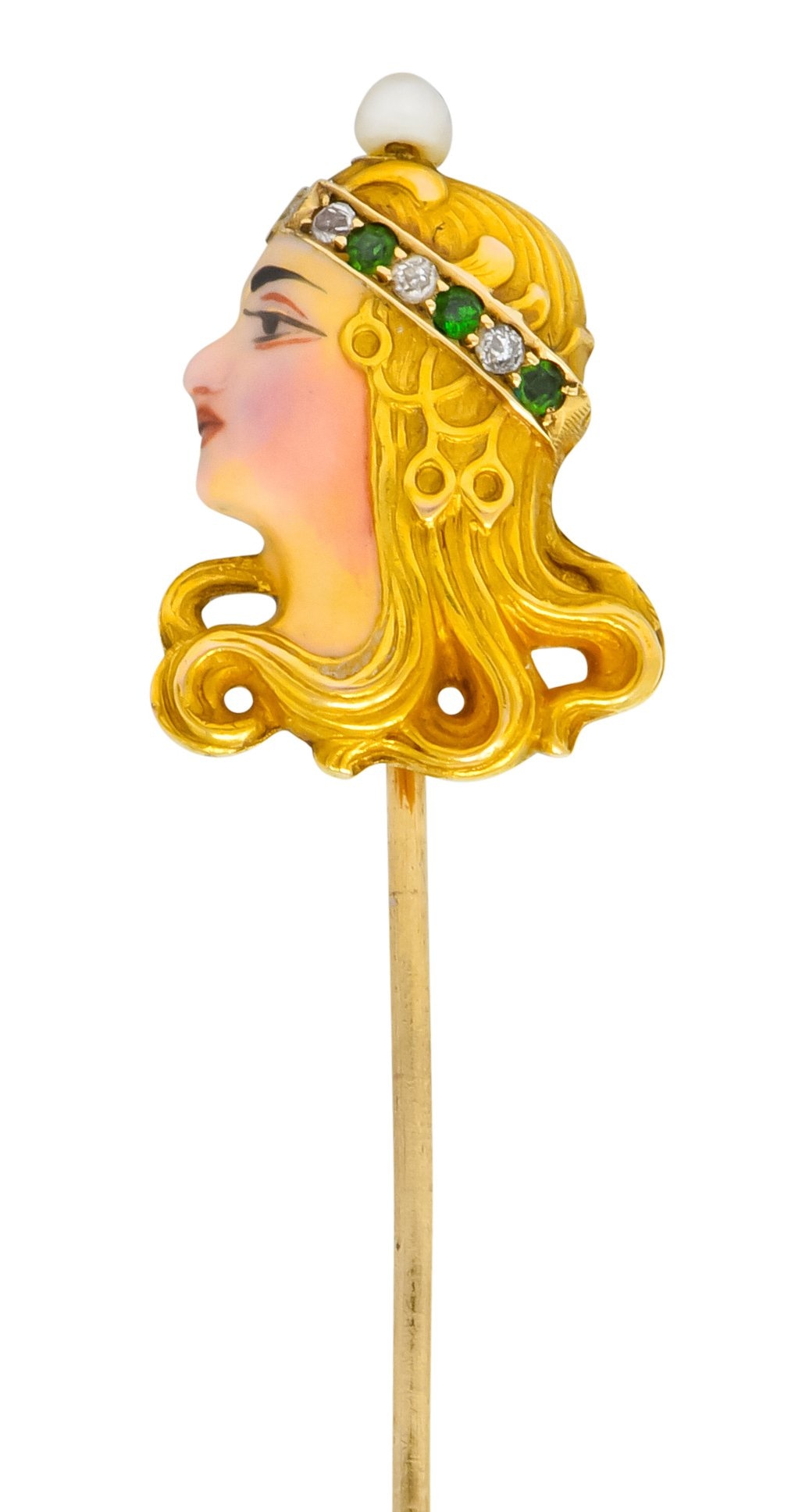 Art Nouveau Enamel Diamond Emerald Pearl 14 Karat Gold Queen Stickpin - Wilson's Estate Jewelry