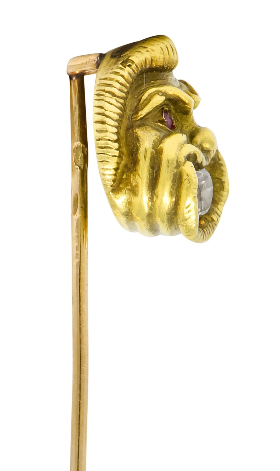 French Victorian 0.21 CTW Old Mine Diamond 18 Karat Green Gold Comedy Mask Stickpin - Wilson's Estate Jewelry