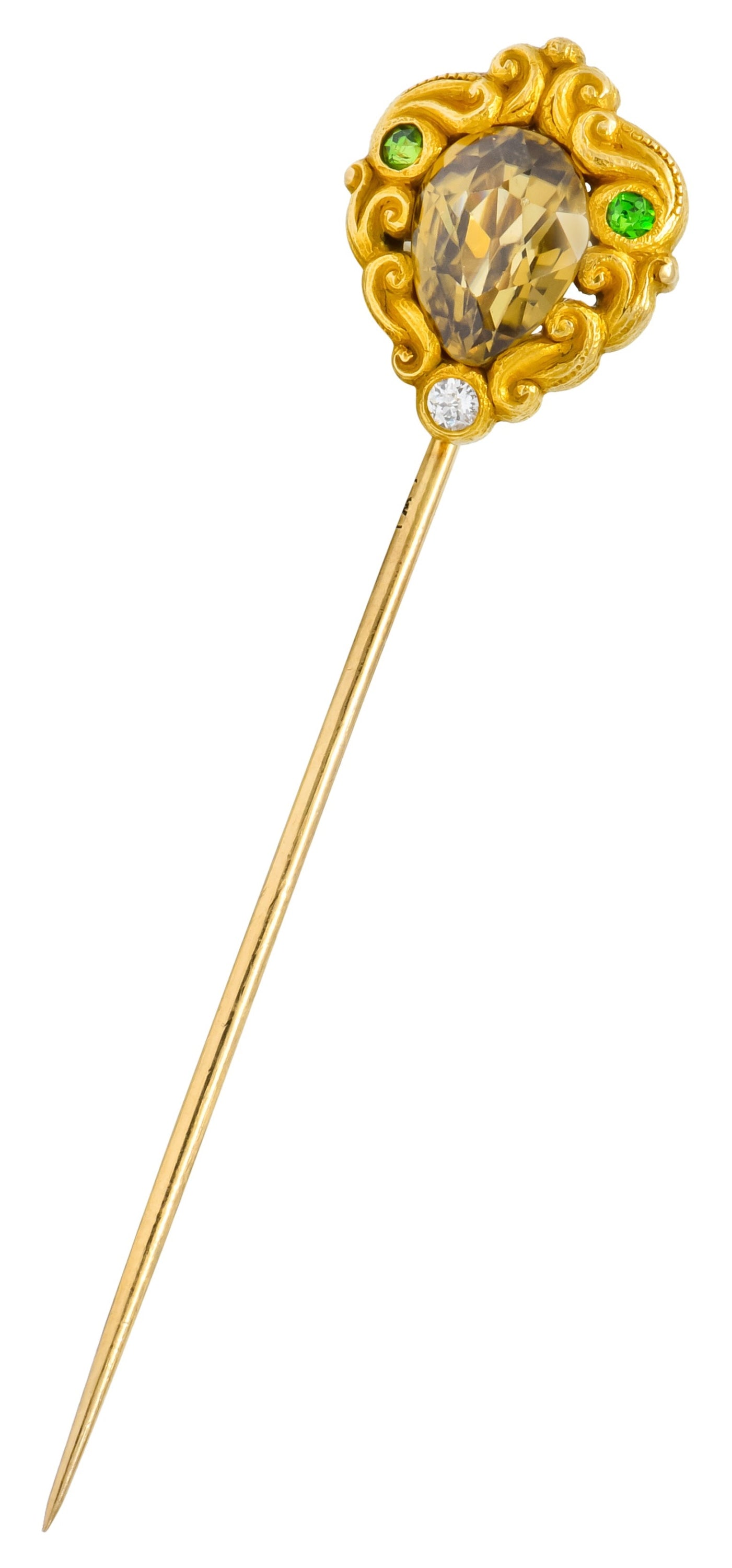 Frank Walter Lawrence Zircon Diamond Demantoid Garnet 14 Karat Gold Scrolled Stickpin - Wilson's Estate Jewelry