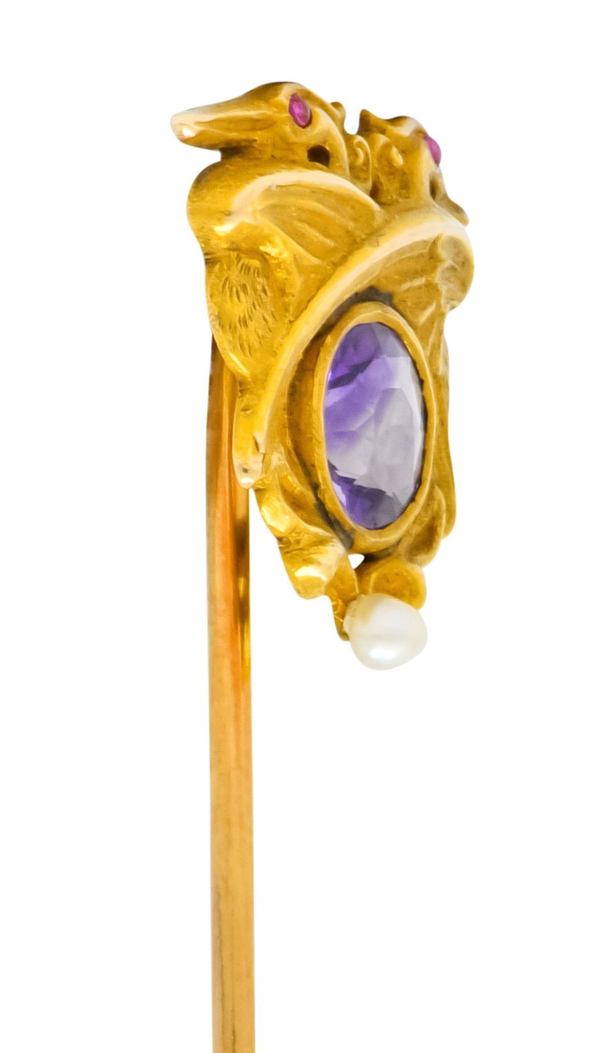 Art Nouveau 0.65 CTW Amethyst Natural Freshwater Pearl 14 Karat Gold Pterodactyl Stickpin - Wilson's Estate Jewelry