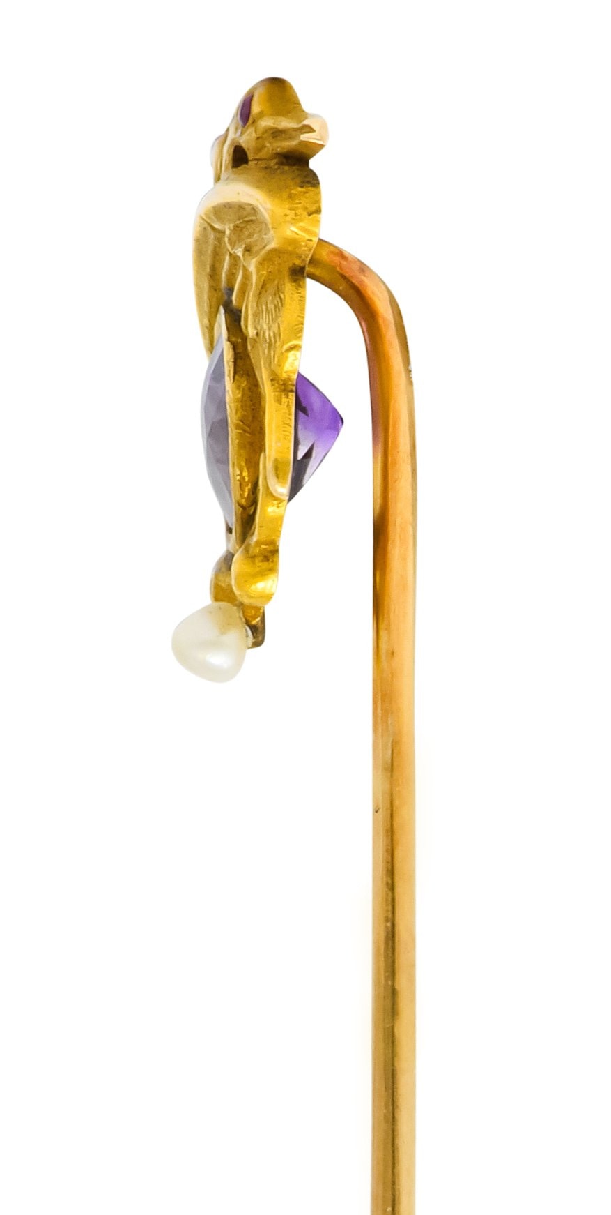 Art Nouveau 0.65 CTW Amethyst Natural Freshwater Pearl 14 Karat Gold Pterodactyl Stickpin - Wilson's Estate Jewelry