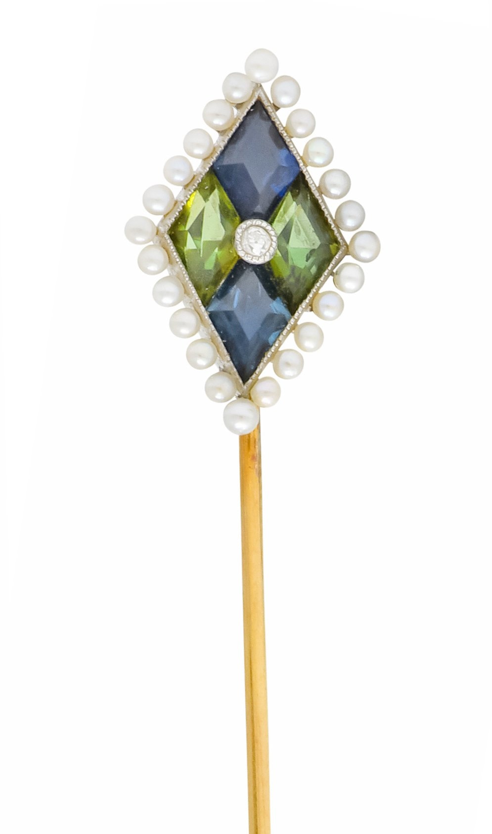 Sloan & Co. Sapphire Pearl Platinum-Topped 14 Karat Gold Harlequin Stickpin - Wilson's Estate Jewelry