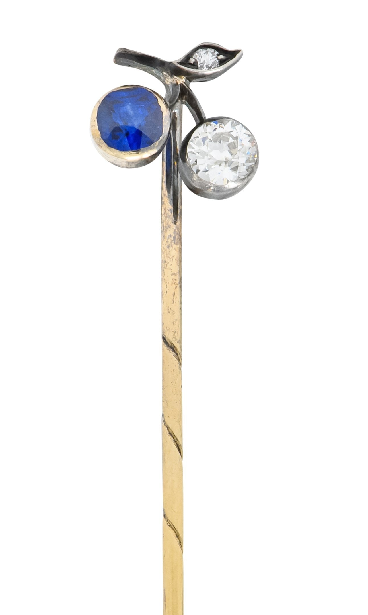 Edwardian Sapphire Diamond Platinum-Topped 14 Karat Gold Cherry Stickpin - Wilson's Estate Jewelry