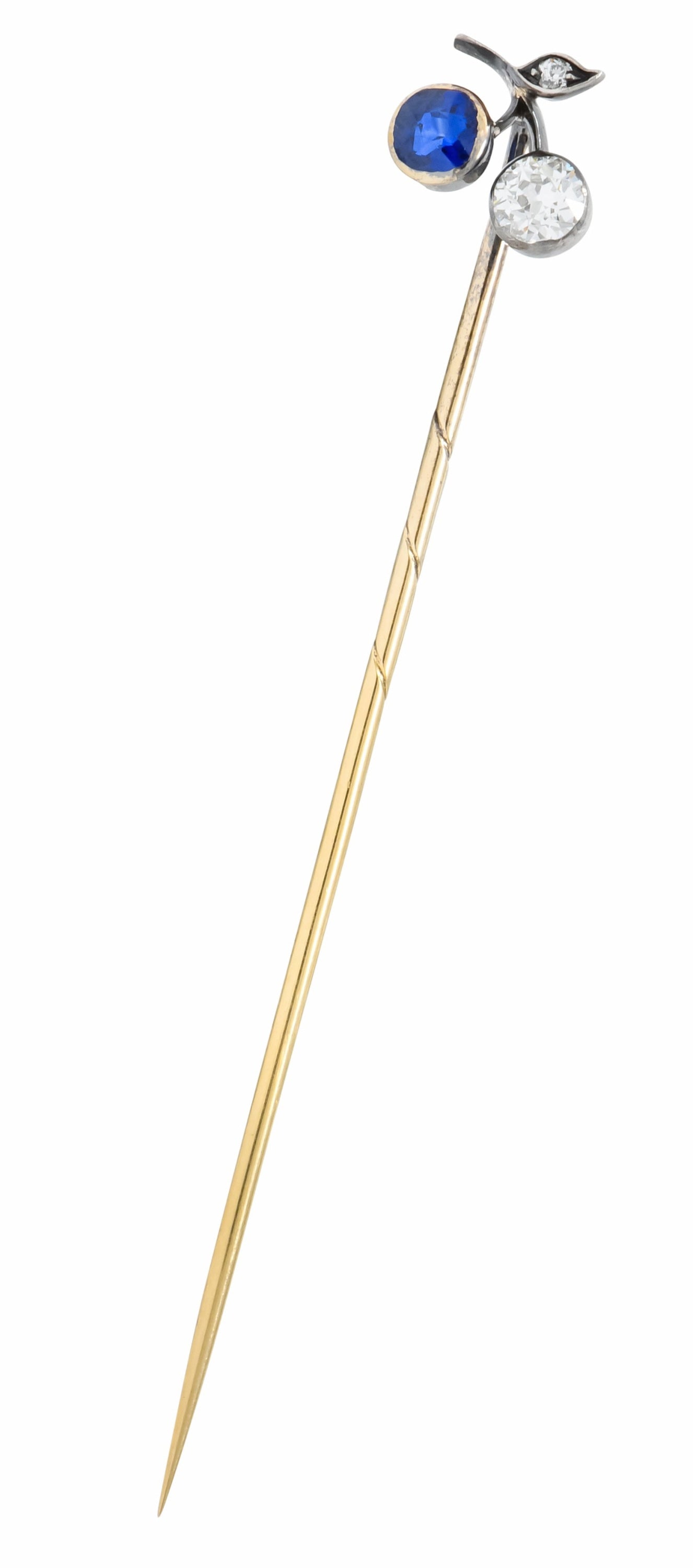 Edwardian Sapphire Diamond Platinum-Topped 14 Karat Gold Cherry Stickpin - Wilson's Estate Jewelry