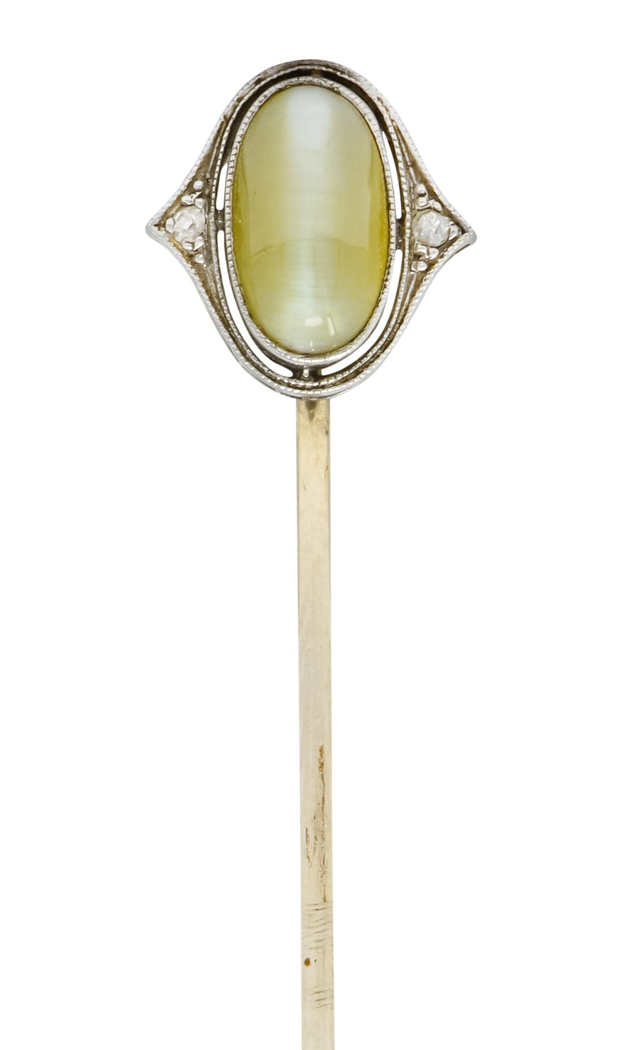 Edwardian Cat's Eye Chrysoberyl Diamond Platinum 14 Karat Gold Cabochon Stickpin - Wilson's Estate Jewelry