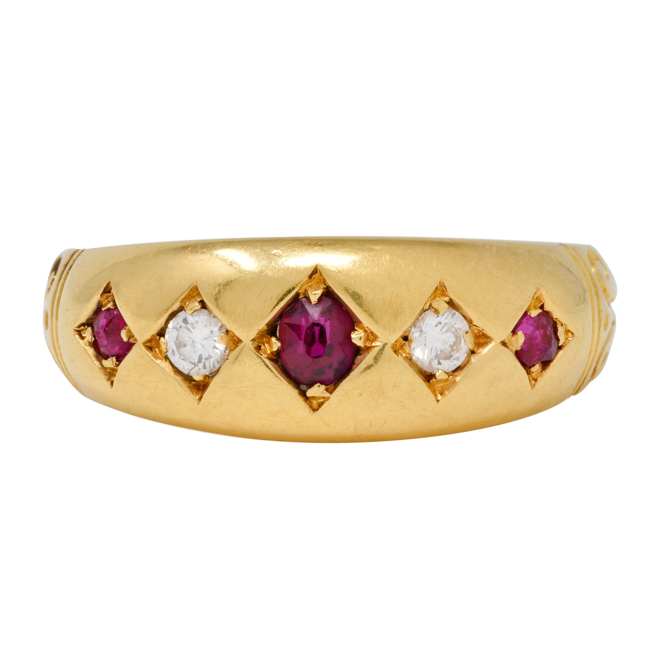 Victorian 1898 Ruby Diamond 18 Karat Yellow Gold Five Stone Antique Band Ring