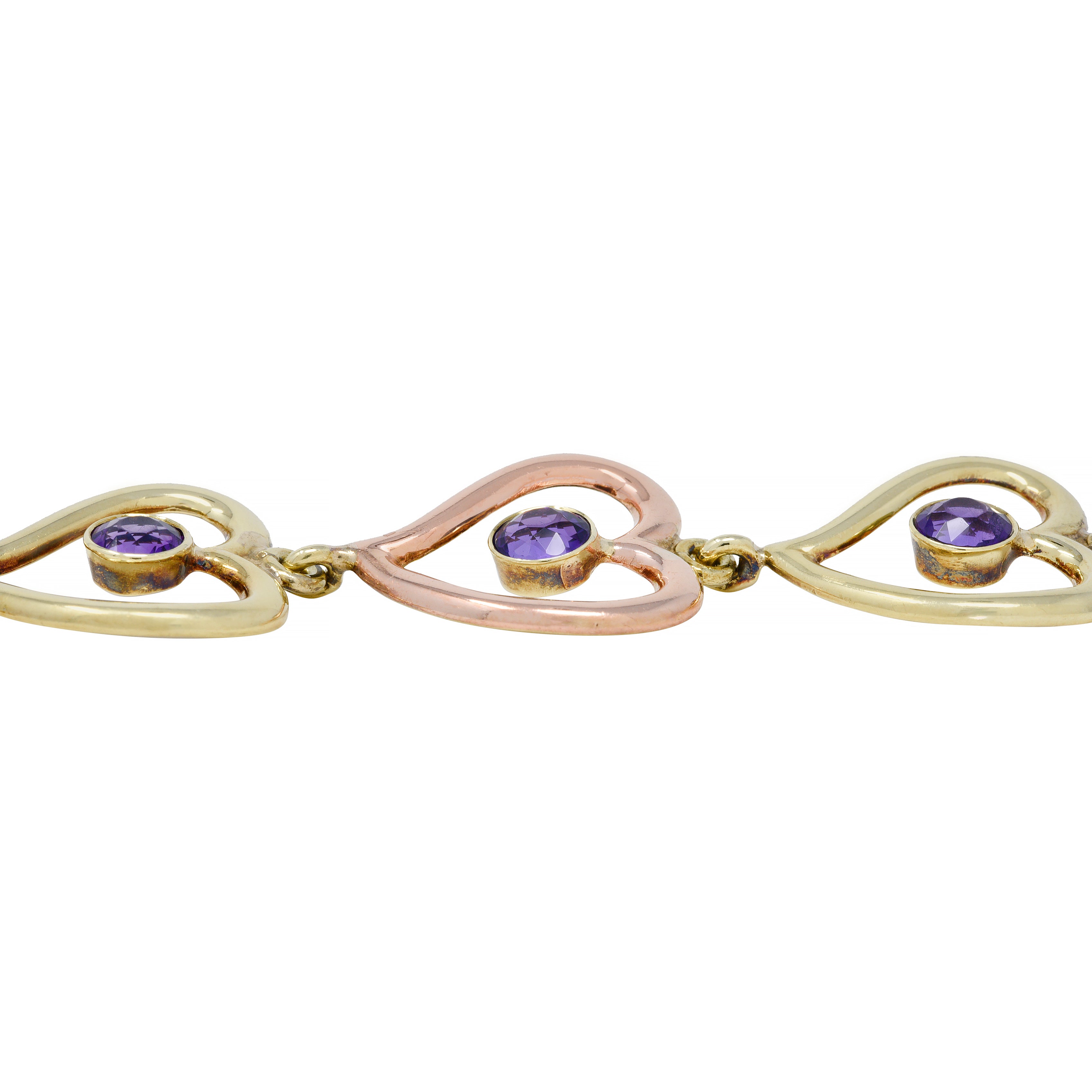 Retro Amethyst 14 Karat Two-Tone Gold Witches Heart Link Vintage Bracelet