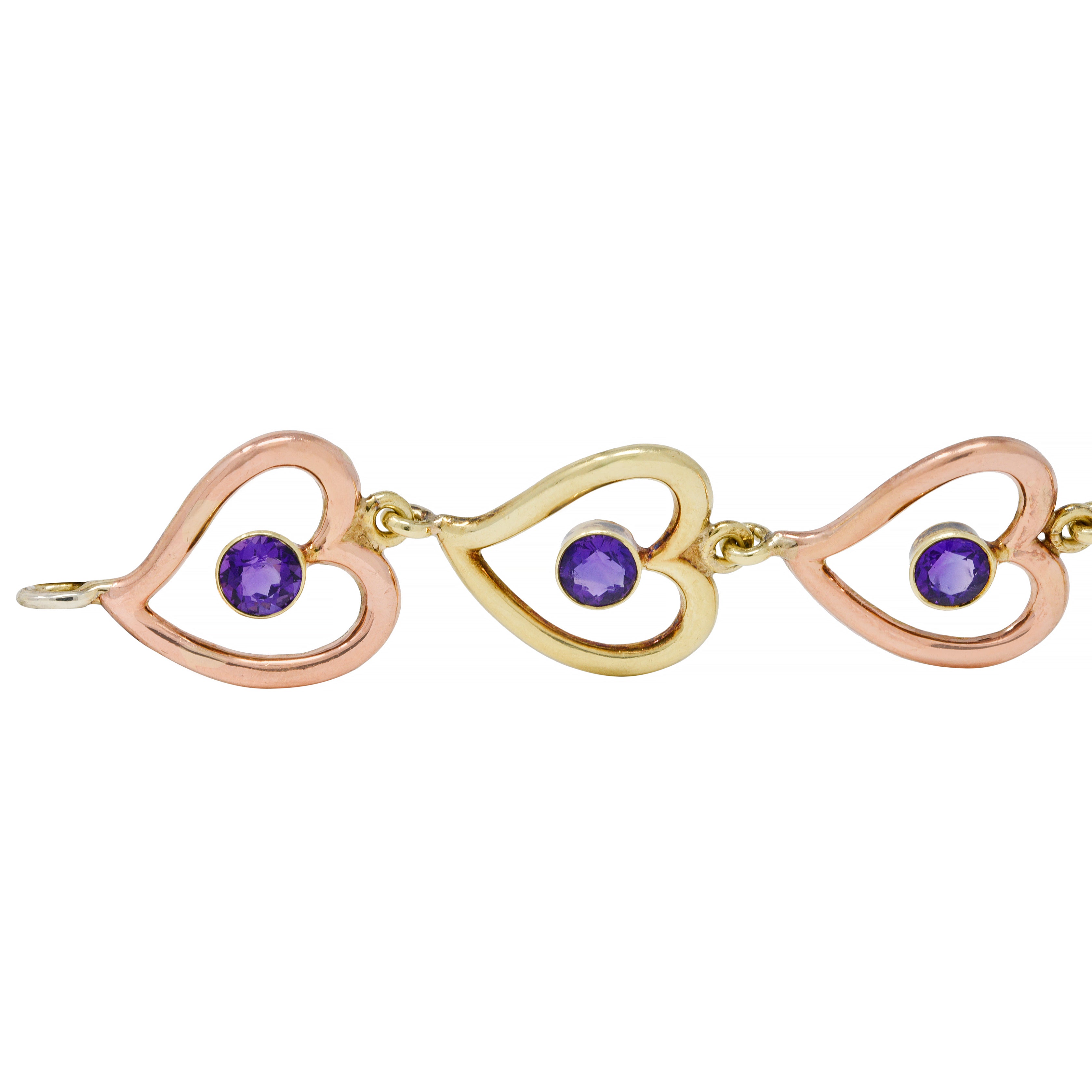 Retro Amethyst 14 Karat Two-Tone Gold Witches Heart Link Vintage Bracelet